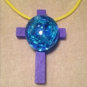 Purple Wooden Cross Blue Crackled Marble Necklace